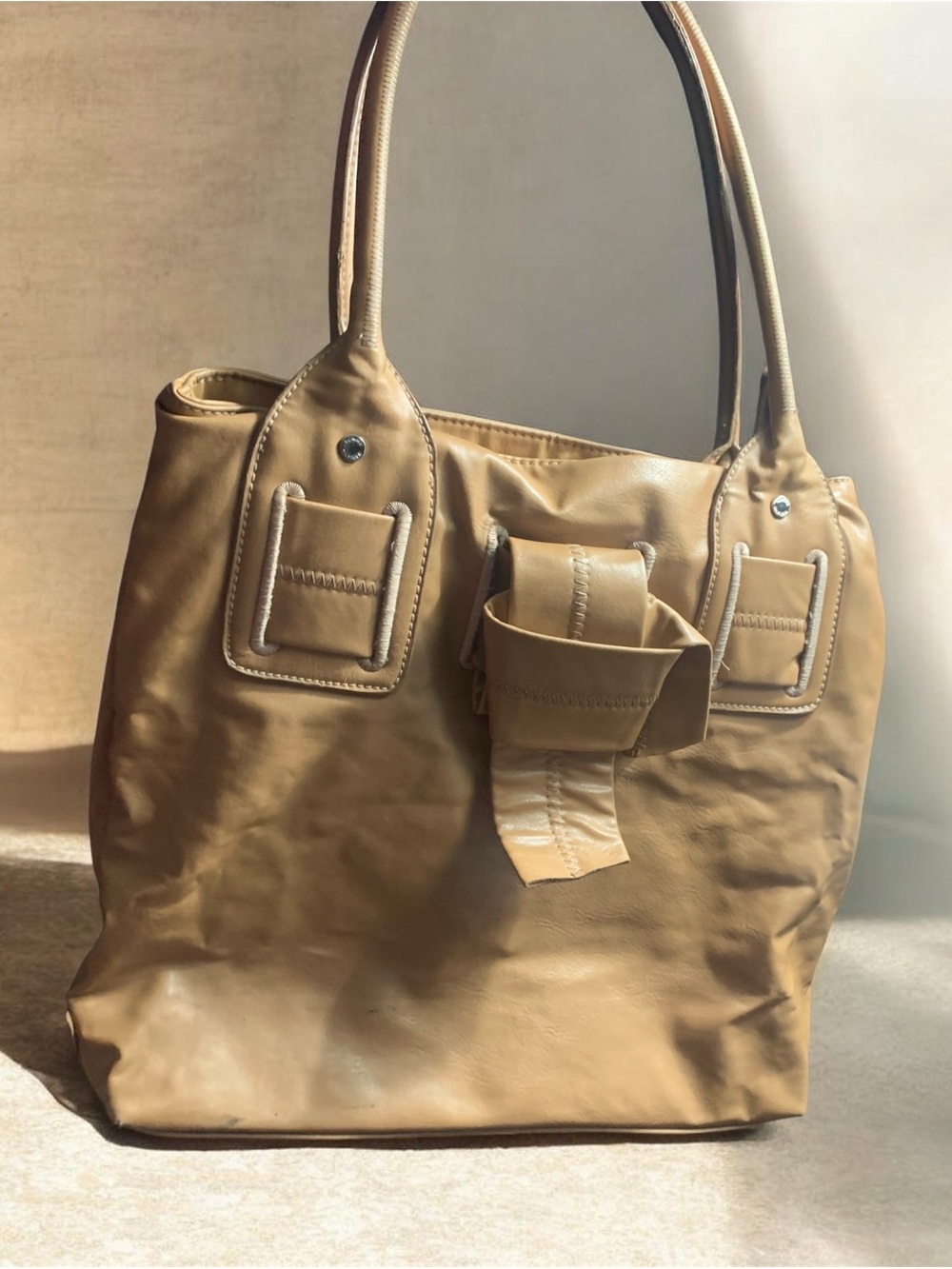 Y2K Vintage Tommy Hilfiger Knotted Tote Bag Tan Faux Leather